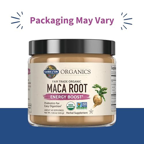 Garden Of Life Organics Fair Trade Gelatinized Peruvian Maca Root Energy Boost 7.93 Oz (225G) Powder With Probiotics Certified Organic Non-Gmo Vegan & Gluten Free Herbal Supplements