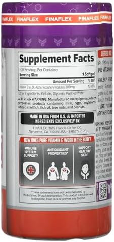 Finaflex Pure Vitamin E 100 Softgels Immune System Support Nourishes & Heals Skin 100 Servings