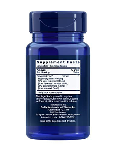Life Extension Resveratrol Elite, Trans-Resveratrol, Healthy Aging, Cardiovascular Health, Brain Health, Oxidative Stress, Gluten-Free, Non-Gmo, Vegetarian, 30 Capsules