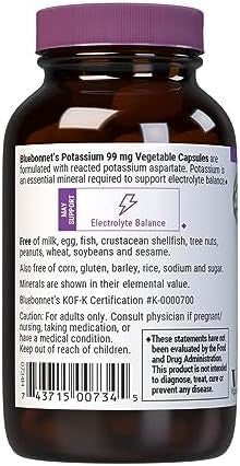 Bluebonnet Potassium Supplement Aspartate 99Mg Essential Mineral Supplements For Electrolyte Balance Nongmo Vegan Kosher Gluten Soy Dairy 90 Veggie Capsules