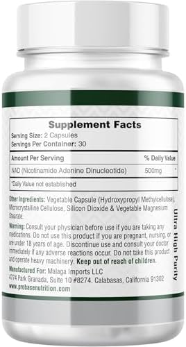 Probase Nutrition NAD Supplement 500mg High Potency 30 Day Supply NAD Maximizer Similar to Nicotinamide Riboside Vegan Non GMO Third Party Tested