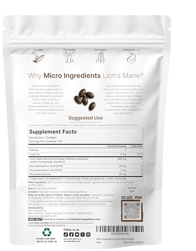 Micro Ingredients Lions Mane With Omega-3 Epa Dha & Phosphatidylserine 240 Softgels With Mct Oil For Better Absorption Fruiting Body & Mycelium Superfood Mushroom Extract Lemon Flavored