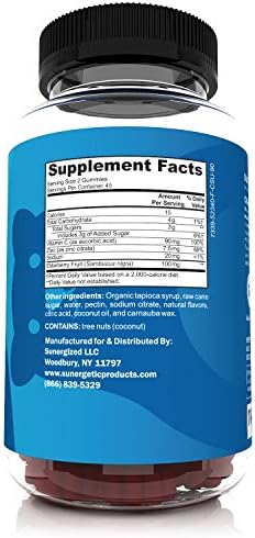 Sunergetic Premium Black Elderberry Gummies " Black Elderberry With Vitamin C & Zinc " Helps Support Immune System " Great Tasting Sambucus Elderberry Gummies " Raspberry Flavored " 90 Gummies