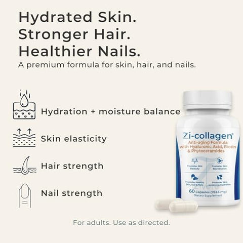 Zivere Zi-Collagen Marine Collagen Capsules For Skin Hair & Nails Support With Phytoceramides Hyaluronic Acid Biotin & Vitamins A C D3 E 60 Capsules