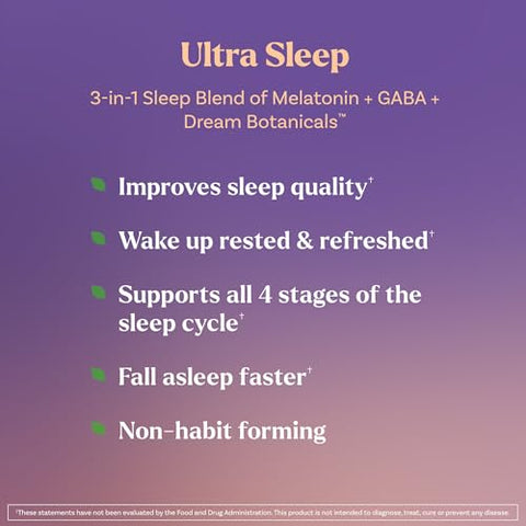 Natrol Ultra Sleep 3-In-1 100 Drug-Free Sleep Aid Blend With Melatonin Gaba & Botanicals Dietary Supplement Non-Habit Forming 30 Fast Dissolve Tablets