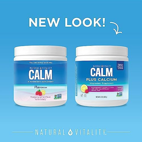 Natural Vitality CALM Magnesium Supplement Drink Mix Plus Calcium AntiStress Drink Mix Powder With Calcium Vegetarian and NonGMO Raspberry Lemon 8 oz