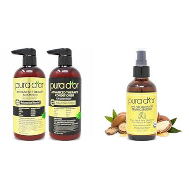 Pura D'Or Anti-Thinning Advanced Therapy Biotin Shampoo & Conditioner Hair Care Set & Organic Moroccan Argan Oil (4Oz / 118Ml) Usda 100%