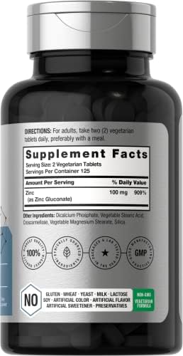 Horbaach Chelated Zinc Supplement 100mg 250 Tablets High Potency and Superior Absorption Vegetarian NonGMO Gluten Free
