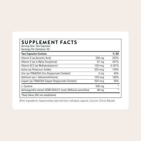 Thorne - Thyroid Health Complex - Cofactors For Function Support - Vitamins B12 C & E Ashwagandha Iodine Zinc Selenium Copper & L-Tyrosine - Third-Party Certified 120 Capsules