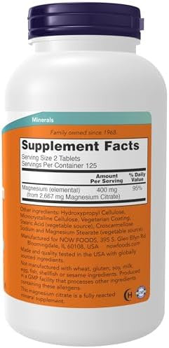 Now Supplements Magnesium Citrate 200 Mg Enzyme Function Nervous System Support 250 Count (Pack Of 1)