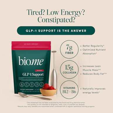 Bio.Me Glp-1 Support Multi-Benefit Glp-1 Powder For Weight Management & Digestive Health Sustain Energy Levels - 7G Fiber 14G Collagen Protein & Digestive Enzymes 24 Servings (Raspberry)