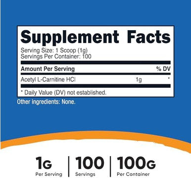 Nutricost Acetyl Lcarnitine Hci (Alcar) 100 Grams Per Container 1G Per Serving Nongmo Gluten Unflavored