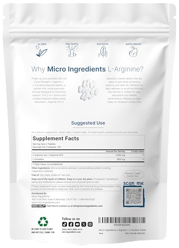Micro Ingredients L-Arginine 1600Mg Nitric Oxide Supplement For Men With L-Citrulline 240 Bisected Tablets Nitric Oxide Precursor Muscle Energy & Heart Support Non-Gmo Gluten Free 4 Month Supply