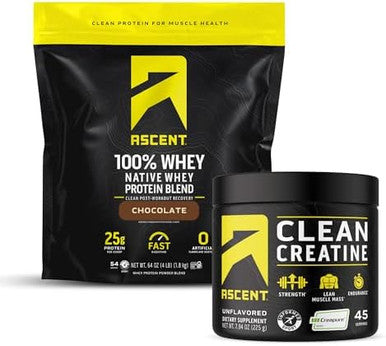 Ascent 100% Whey Protein Powder, Chocolate 4 Lb & Creatine Monohydrate Powder, Unflavored 45 Servings