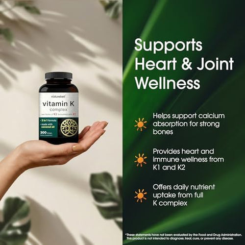NatureBell Vitamin K Complex 300 Softgels Delivers 2600mcg Vitamin K Full Spectrum Bone and Heart Health Support Supplement High Absorption K1 and K2 MK4 and MK7*