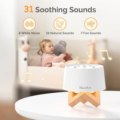 Melodysusie Rechargeable White Noise Machine For Sleep Travel & Salon With Wooden Stand Sound Machine With 31 Soothing Sounds Multi-Night Light 32 Volumes & 4 Timers For Baby Adult