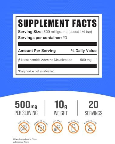 Bulksupplements.Com Nad Powder - Nicotinamide Adenine Dinucleotide, Nad Supplement 500Mg - For Energy Support, Pure & Gluten Free, 500Mg Per Serving, 10G (0.35 Oz) (Pack Of 1)