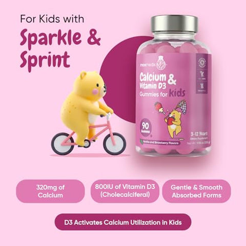 Maxmedix Kids Calcium Gummies With Vitamin D3 320Mg Calcium Supplement With 800Iu Vitamin D3 90 Gummies (45-Day Supply) Natural Vanilla & Strawberry Flavors Gluten-Free Non-Gmo