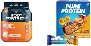 Body Fortress 100% Whey Protein Powder Vanilla 1.74Lbs & Pure Protein Bars Chocolate Peanut Butter 12 Count 1.76Oz