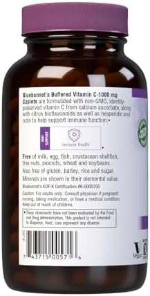 Bluebonnet Nutrition Buffered Vitamin C1000 Mg Caplets Buffered Calcium Ascorbate For Immune Health Soy Gluten Nongmo Kosher Dairy Vegan Caplets White Citrus 180 Count