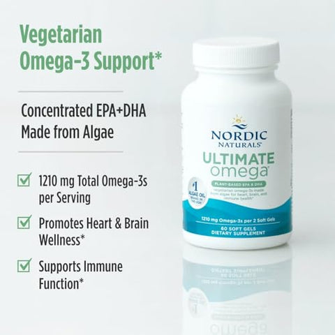 Nordic Naturals Plant Based Ultimate Omega Lemon Flavor - 60 Vegetarian Soft Gels - 1210 Mg Omega-3 - Vegan Epa And Dha - Supplement Made From Algae - Brain & Heart Support - Non-Gmo 30 Servings