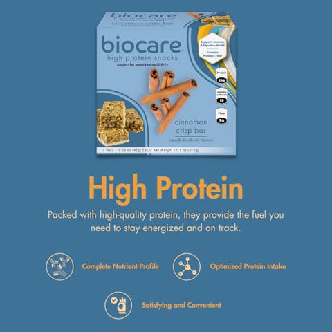Biocare High Protein Snack Bar, Provides 15g Essential Protein, 5g Dietary Fiber, Cinnamon Crisp (7 Count)
