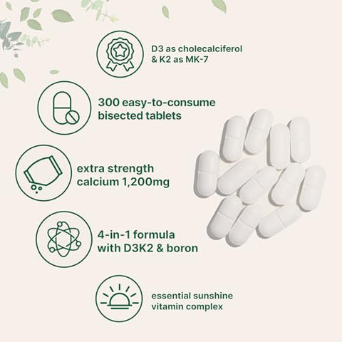 Micro Ingredients Calcium 1200Mg With Vitamin D3 & K2 300 Tablets Calcium Supplements For Women & Men Mineral Complex Support Bone Teeth Colon & Cardiovascular Health Non-Gmo Gluten-Free