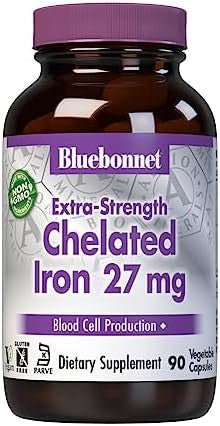 Bluebonnet Nutrition Albion Extrastrength Chelated Iron 27 Mg For Healthy Red Blood Cell Production Soy Gluten Nongmo Kosher Dairy Vegan 90 Vegetable Capsule 90 Serving