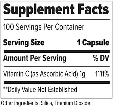 Finaflex Pure Vitamin C 100 Capsules Promotes Immune System Support & Collagen Production 1000 Mg Of Vitamin C Per Serving 100 Servings
