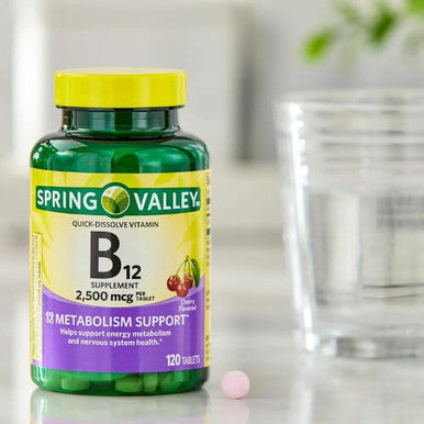Spring Valley Vitamin B12 2500 mcg B12 Quick Dissolve Cherry Flavor Tablets Dietary Supplement Vitamin B12 120 Count + DRI Store +Sticker