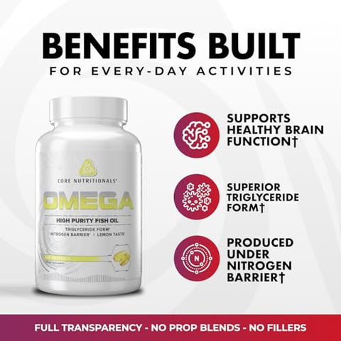 Core Nutritionals Omega High Purity Fish Oil Triglyceride Form Epa & Dha 1300Mg Omega-3S Brain & Heart Health Support Lemon Taste 120 Softgels