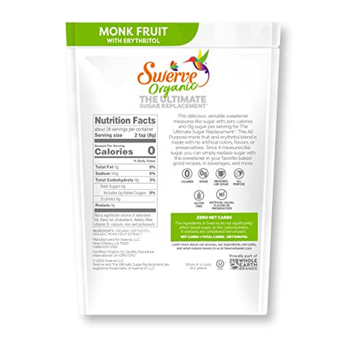 Swerve Organic Monk Fruit All-Purpose Granular Sugar Replacement Sweetener, 8 Ounce Bag (Pack of 2)