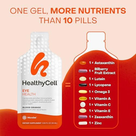 Healthycell Eye Health Daily Liquid Supplement - Eye Vitamins & Minerals With Lutein Zeaxanthin Astaxanthin & Beta Carotene For Sight Care & Macular Support - 30 Gel Packs