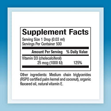Natural Factors Vitamin D3 Drops 1000 IU 25 mcg Supports Strong Bones and Immune Function 0.5 Oz
