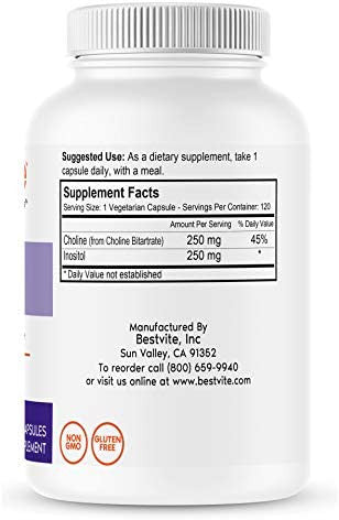 Choline Inositol 500mg (240 Vegetarian Capsules) (120 x 2) - No Stearates - No Dicalcium Phosphate - No Fillers - Vegan - Non GMO - Gluten Free