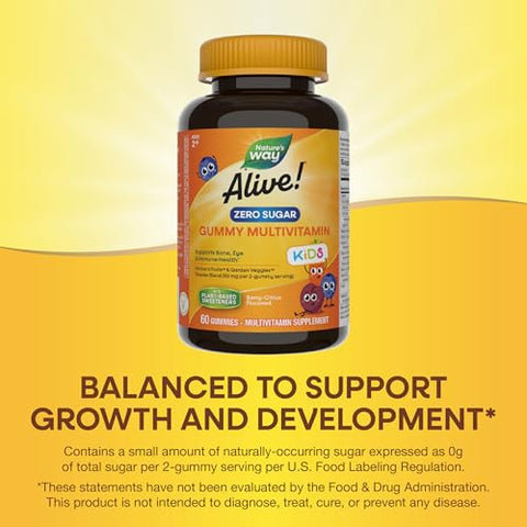 Nature'S Way Alive Kids Zero Sugar Gummy Multivitamins For Kids Ages 2 Supports Bone Eye & Immune Health No Sugar Alcohols Plant-Based Sweeteners Berry-Citrus Flavored 60 Gummies