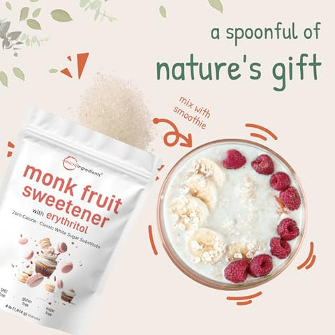 Monk Fruit Sweetener with Erythritol Granules, 4 Pounds, No After Taste, 1:1 White Sugar Substitute, Keto Diet Friendly, Zero Calorie, Natural Sweetener for Drinks, Coffee, Tea, Cookies, No-GMO, Vegan