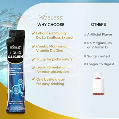 Ageless Liquid Calcium For Adults With Sea Bass Extract And Vitamin D8 - High Absorption Bone Strength Supplements, Natural Flavor, Gluten-- 25 Ml (15 Count)