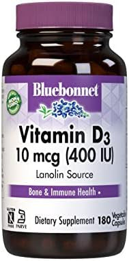 Bluebonnet Nutrition Vitamin D3 400 Iu Vegetable Capsule Aids In Muscle And Skeletal Growth Cholecalciferol From Lanolin Non Gmo Gluten Soy Milk Kosher 180 Count