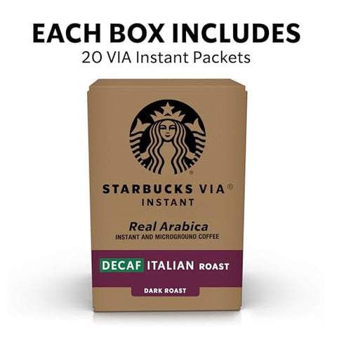Starbucks VIA Instant Coffee, Dark Roast Coffee, Decaf Italian Roast, Arabica Beans, Single-Serve, 1 Box (20 Packets)