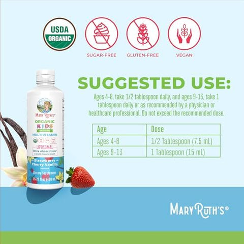 Maryruth Organics Kids Multivitamin Liposomal (Strawberry Cherry and Vanilla) and Vitamin D3 Liposomal (Mixed Berry) Clean Label Project Verifieda' Vitamins For Immunity and Overall Wellness Vegan NonGmo