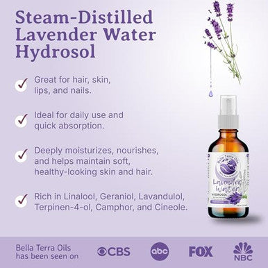 Bella Terra Oils - Hydrosol Water 16Oz - Luxurious Lavender Organic Rose Water Blend Packed With Essential Minerals & Amino Acids Ultimate Skin Quencher