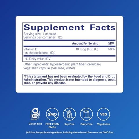 Pure Encapsulations Vitamin D3 10 Mcg (400 Iu) Hypoallergenic Support For Bone Breast Cardiovascular Colon And Immune Health 120 Capsules