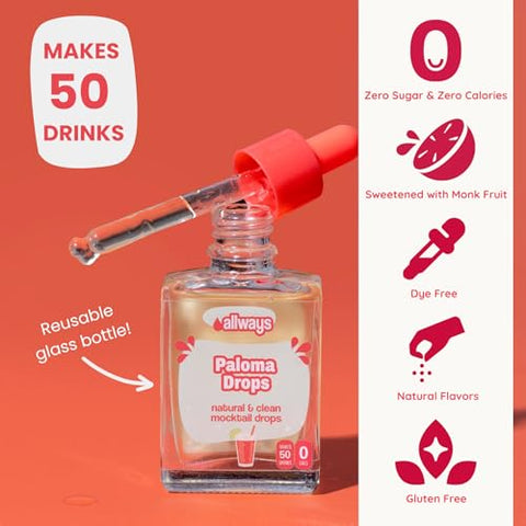 Allways Drops Natural Paloma Mocktail Drops | Sugar-Free, Zero Calories, Monk Fruit Sweetened | Glass Bottle for On-the-Go Hydration | Kids & Adults | 50 Servings