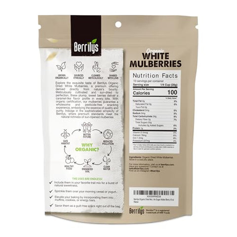 Berrilys Organic Dried Mulberries - White Mulberry, Non-GMO, Unsulfured, Raw, Kosher, Vegan - Healthy Berries, Superfood, No Sugar Added, USDA Organic Certified, FDA Registered Facility - 10oz