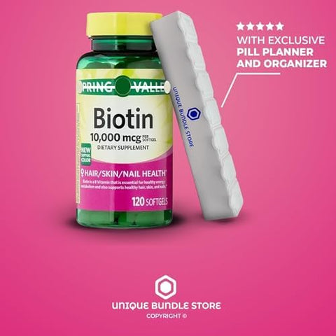 Biotin 10000mcg Softgels 120 Count Biotin 10000mcg Hair Skin Nails Health Dietary Supplement + 7 Day Pill Organizer Included (Pack of 1)