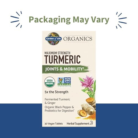 Garden Of Life Organics Maximum Strength Turmeric Joints & Mobility Support 30 Tablets - 500Mg Curcumin (95 Curcuminoids) Black Pepper - Organic Non-Gmo Vegan & Gluten Free Herbal Supplements