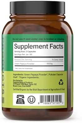 Complete Natural Products Organic Green Papaya Capsules - Green Papain Enzyme Capsules - 500Mg 100 Pills Organic Unripe Papaya Powder Digestive Super Fruit & Fiber