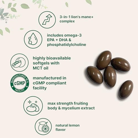 Micro Ingredients Lions Mane With Omega-3 Epa Dha & Phosphatidylserine 240 Softgels With Mct Oil For Better Absorption Fruiting Body & Mycelium Superfood Mushroom Extract Lemon Flavored