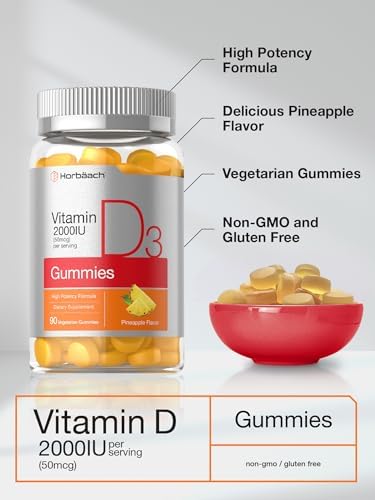 Horbaach Vitamin D3 2000iu Gummies 90 Count Vegetarian Pineapple Flavor 50 mcg NonGMO Gluten Free Vitamin D Supplement
